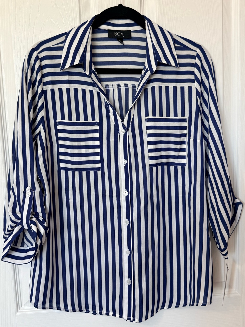 BCX Navy & White Striped Button-Up Shirt with Patch Pockets